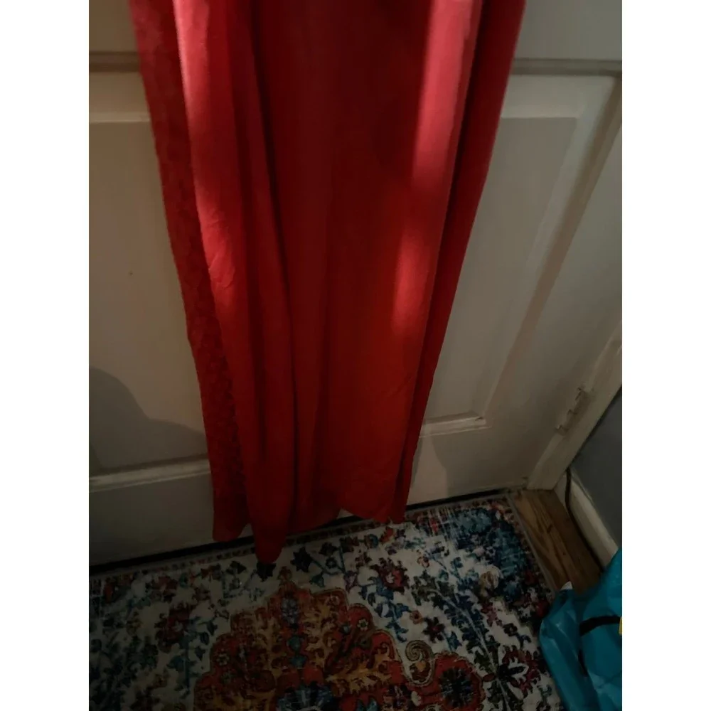 Vintage Med Undercover Wear Red Long Lace Silky Nylon Goddess Nightgown